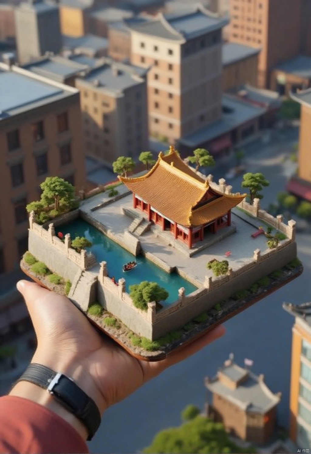 Isometric world,a person's hand is holding a miniature model of a Chinese temple,with a small pond of water in the middle of the frame. The model is set against a backdrop of a city street
