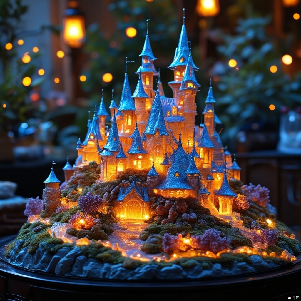 a detailed detailed model of a castle-like castle is adorned with lights, adding a touch of color to the scene. The castle-shaped structures are adorned with a variety of colors, including blue, orange, and purple. The scene is set on a black table, with a backdrop of trees and lights that are blurred.