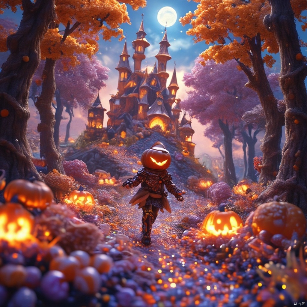 Candy forest, Halloween atmosphere, candy castle, Pumpkin Knight walks towards the candy castle