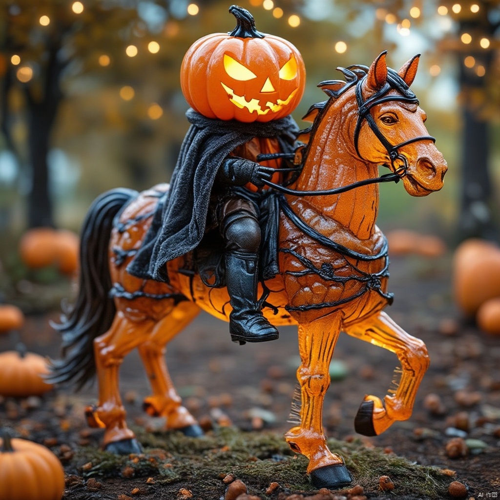 Captured in a close-up eye-level shot, a pumpkin-shaped figurine stands atop a brown horse. The horse is adorned with a black bridle, a black saddle, and a black mane. The pumpkin-like figure, adorned with black boots, is positioned in the center of the frame. The figure, dressed in a black outfit, has a cape draped over their shoulders, adding a festive touch to the scene. The background, blurred out, reveals a row of pumpkins on the ground, adding depth to the composition.