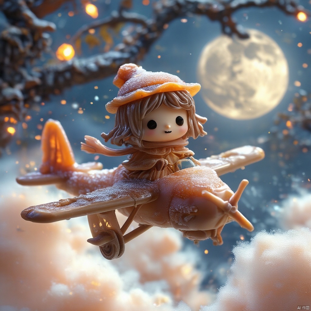 a small figurine of a girl in a brown dress and a brown hat is flying in the air. The girl's dress is adorned with a brown scarf, and she's holding a brown umbrella in her right hand. Her hair is short and brown. Her eyes are black, and her nose is black. The figurine's wings are covered in a layer of snow, adding a touch of warmth to the scene. In the background, a tree branch with orange lights can be seen, and a large moon is seen in the upper right corner of the frame.