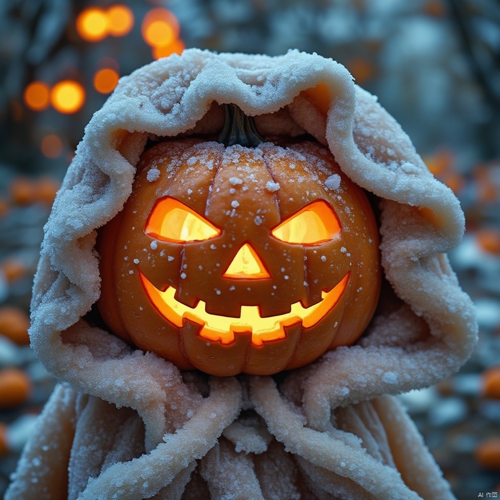 Captured in a close-up eye-level shot, a carved pumpkin is adorned with a white blanket, adorned with white snow. The pumpkin's face is carved into the shape of a jack-o-lantern, with glowing glowing yellow eyes and a black stem. It's head is encircled by a white scarf, adding a touch of warmth to the scene. The background is blurred, with a few lights visible in the distance, adding depth to the composition.