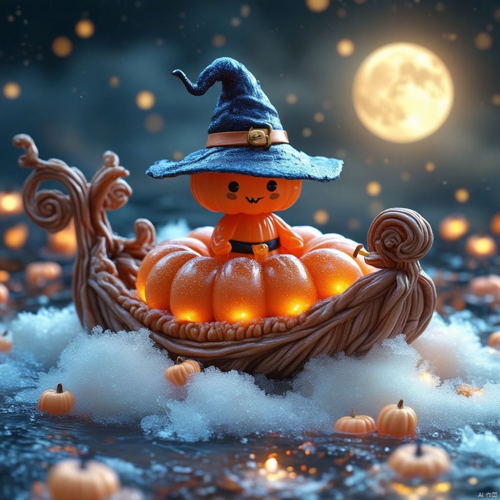 Captured in a close-up, eye-level perspective, a small orange pumpkin with a witch's hat on top of it. The pumpkin is adorned with a smiley face, adorned with black eyes and a black belt with a gold buckle. The witch's head is encircled by a wavy brown ribbon, adding a touch of warmth to the scene. The pumpkins are floating on a bed of white snow, creating a festive contrast to the orange pumpkin. The background is blurred, with a full moon in the upper right corner of the frame.