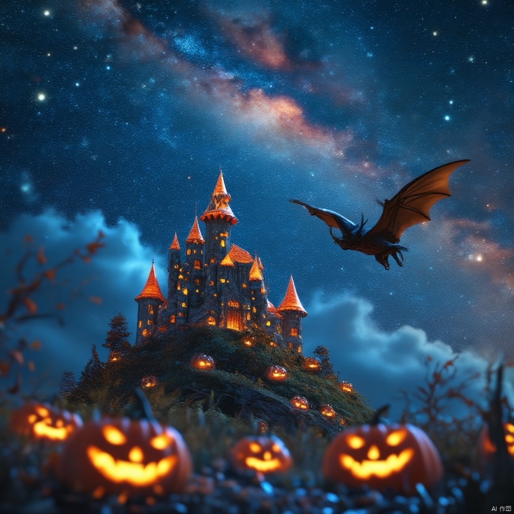Captured at eye-level, a detailed night-time scene features a castle-like building adorned with glowing orange lights. The castle is situated on a hill of grass, adding a touch of greenery to the scene. The sky is a deep blue, dotted with white stars, creating a stark contrast with the dark sky. The bat, perched on the right side of the frame, is flying in the air, adding depth to the composition. In front of the castle, a row of pumpkins, their vibrant orange glow glow against the night sky.