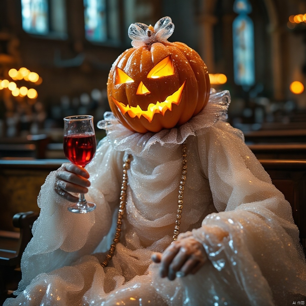 a scarecrow dressed in a white dress, adorned with beads, holds a glass of red wine in his left hand. The scarecrow's head is adorned with a carved pumpkin, adorned by a white ribbon and a white bow. The pumpkin's face is glowing with glowing yellow lights, adding a spooky touch to the scene. The backdrop is blurred, suggesting a medieval church setting.