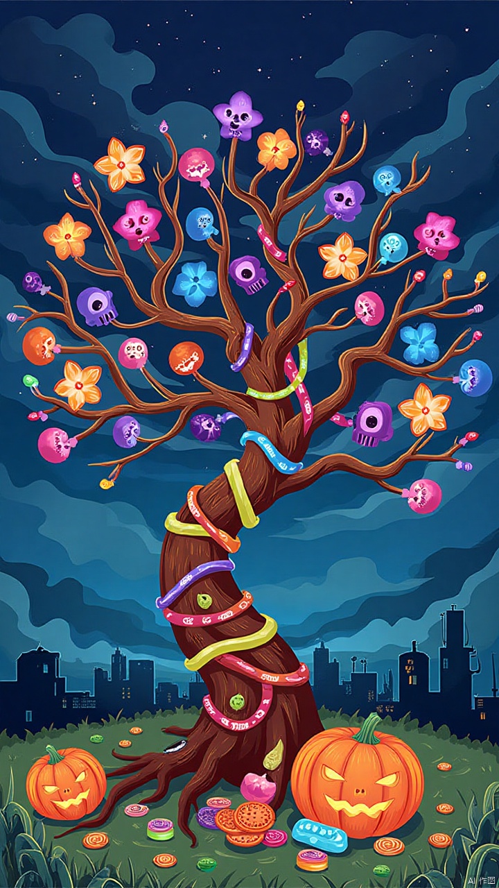 On Halloween night, a giant candy tree stands in the grass, its trunk wrapped with colorful candy vines. Each leaf is a transparent candy flake that glows with a sweet glow. The branches are covered with candies of all shapes, pumpkin flavored, ghost shaped, and even purple skull candies. Occasionally, a leprechaune flies by and tries to pluck the candy, only to bounce off the magical guard on the tree, leaving happy laughter and a sweet aroma in the air