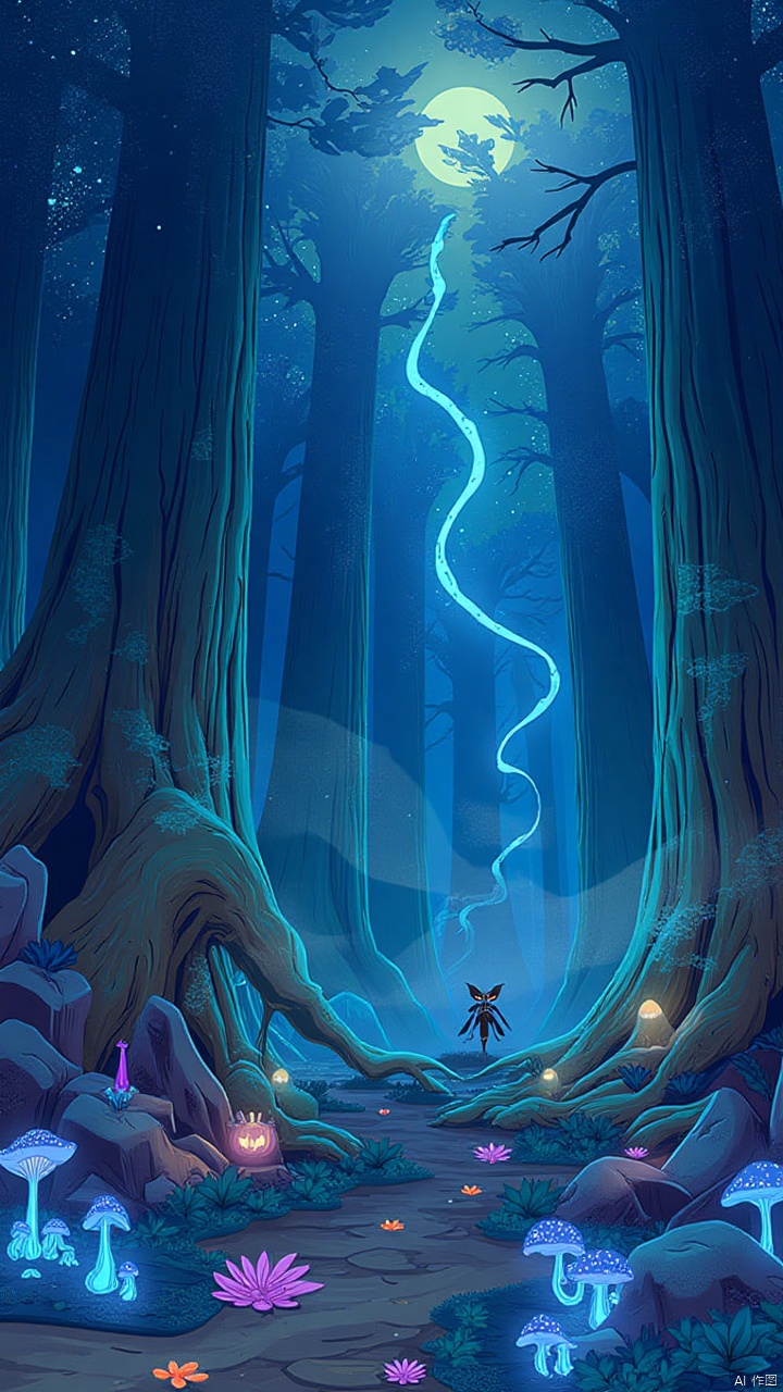 In a mysterious magical forest, huge trees rise to the sky, the crowns of the trees twinkle with stars, like a dream-like light spot wandering in the sky. The ground is covered with glowing mushrooms and exotic plants, emitting a soft blue glow. Deep in the forest, hidden is a lively Halloween party, a variety of mysterious creatures gathered together: werewolves, witches, elves, each showing their unique magical abilities