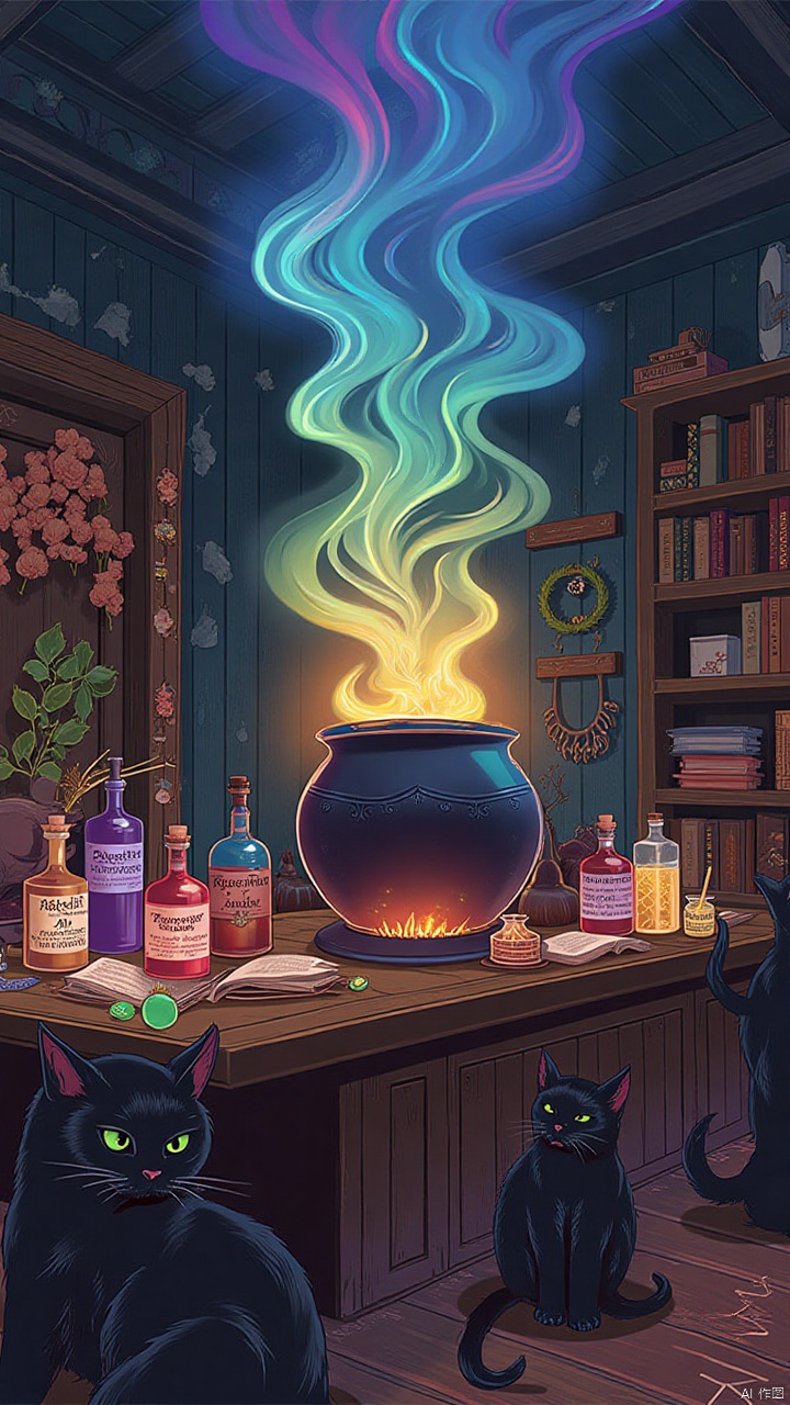 In a darkened room, multicolored smoke rose from a huge alchemist pot, and the air was filled with the pungent smell of the potion. The walls were covered with amulets made from dried flowers and pumpkin seeds, emitting a faint glow. On the alchemist's table were strange bottles filled with mysterious liquids and labeled with incantations. At the corner of the table, a few black cats watched quietly, their eyes shining green, as if guarding the wizard's secrets. Occasionally, the potions in the pot bubbled and uttered faint whispers that seemed to tell of mysterious things about to happen