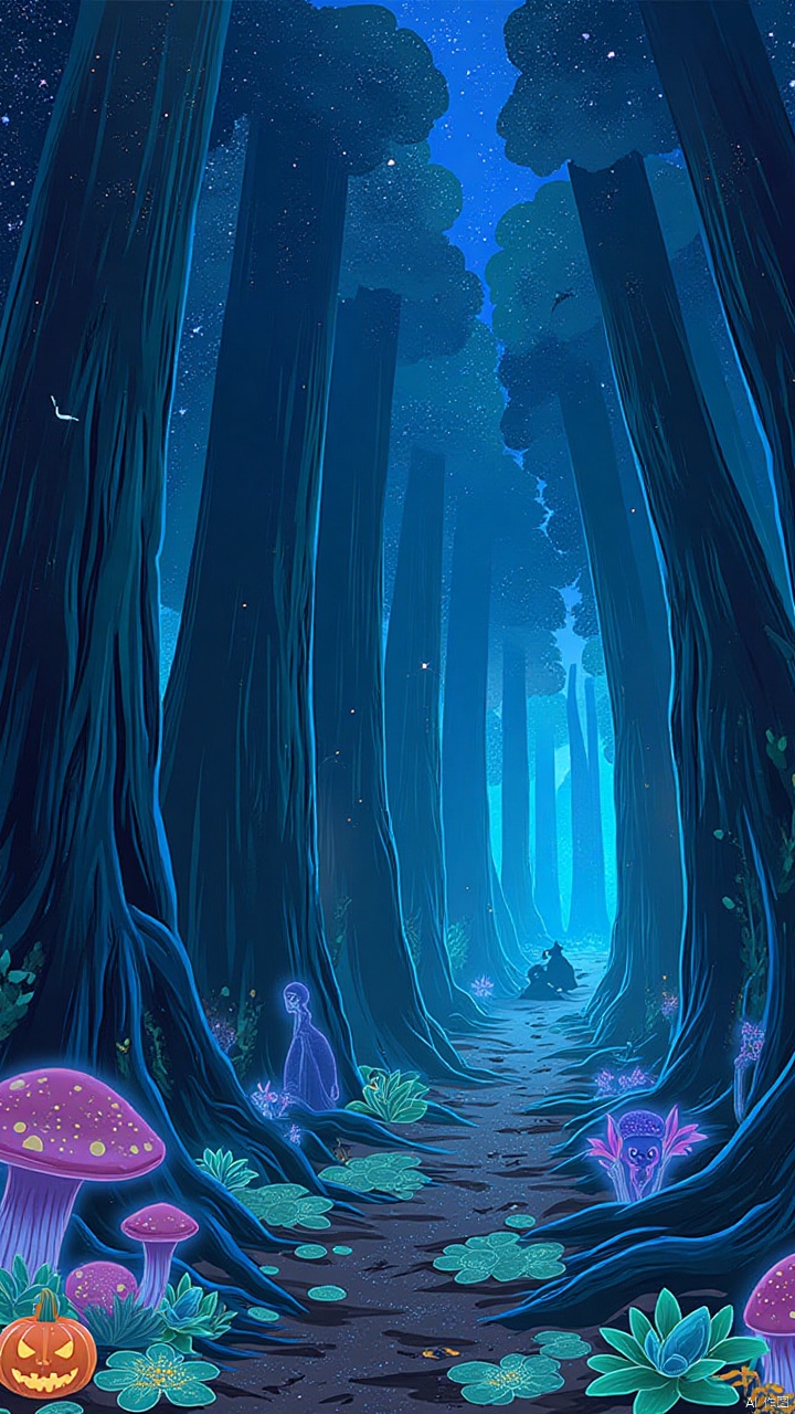 In a mysterious magical forest, huge trees rise to the sky, the crowns of the trees twinkle with stars, like a dream-like light spot wandering in the sky. The ground is covered with glowing mushrooms and exotic plants, emitting a soft blue glow. Deep in the forest, hidden is a lively Halloween party, a variety of mysterious creatures gathered together: werewolves, witches, elves, each showing their unique magical abilities