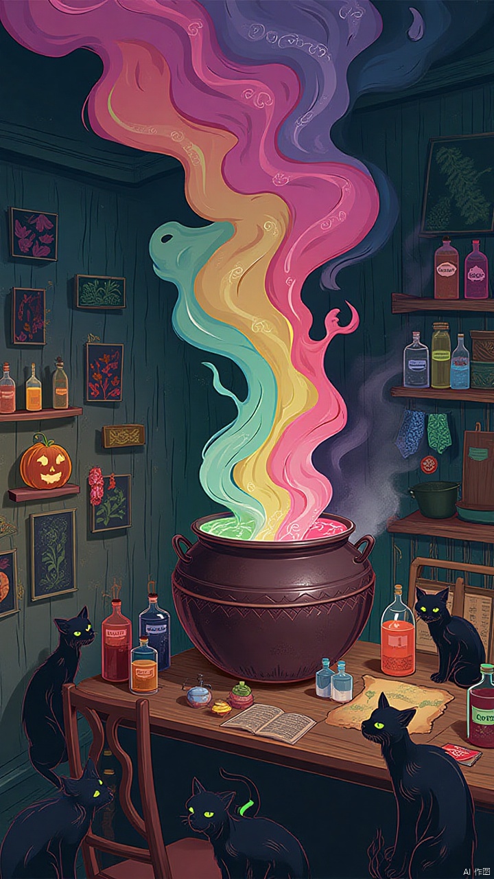 In a darkened room, multicolored smoke rose from a huge alchemist pot, and the air was filled with the pungent smell of the potion. The walls were covered with amulets made from dried flowers and pumpkin seeds, emitting a faint glow. On the alchemist's table were strange bottles filled with mysterious liquids and labeled with incantations. At the corner of the table, a few black cats watched quietly, their eyes shining green, as if guarding the wizard's secrets. Occasionally, the potions in the pot bubbled and uttered faint whispers that seemed to tell of mysterious things about to happen