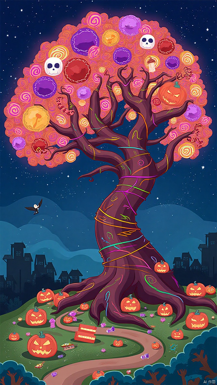 On Halloween night, a giant candy tree stands in the grass, its trunk wrapped with colorful candy vines. Each leaf is a transparent candy flake that glows with a sweet glow. The branches are covered with candies of all shapes, pumpkin flavored, ghost shaped, and even purple skull candies. Occasionally, a leprechaune flies by and tries to pluck the candy, only to bounce off the magical guard on the tree, leaving happy laughter and a sweet aroma in the air