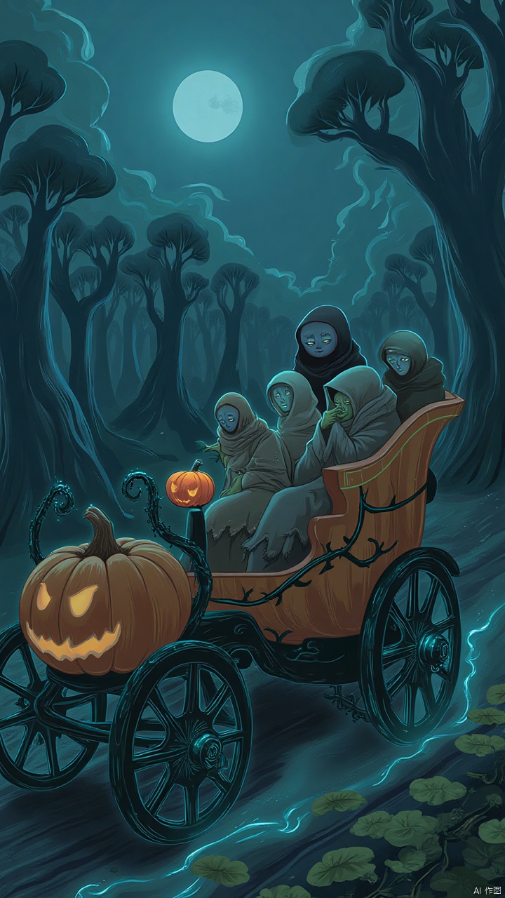 On a cloudy night, a strange carriage made of pumpkins slowly drives out of the forest. The wheels of the pumpkin cart are carved out of black wood and decorated with twinkling ghostly fire, emitting a faint blue light. In the carriage sat several ghosts, dressed in shabby clothes, and shadows floating over their heads. The handlebars of the carriage were made of black vines, and the vines were wrapped with small glowing pumpkins. As the carriage moved, a faint aroma filled the air, like the smell of autumn and mysterious magic