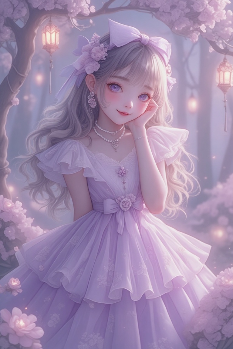 A dreamy,  anime-inspired fantasy scene with soft,  pastel purple hues and gentle lighting. A young woman with large on Te...