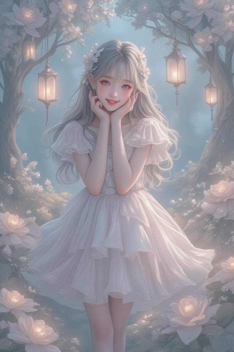 A dreamy,  anime-inspired fantasy scene with soft,  pastel colors and gentle lighting. A young woman with large on Tensor.Art