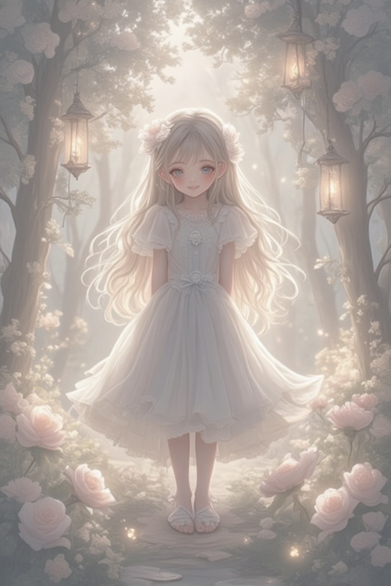 A dreamy,  anime-inspired fantasy scene with soft,  pastel colors and gentle lighting. A young woman with large on Tensor.Art