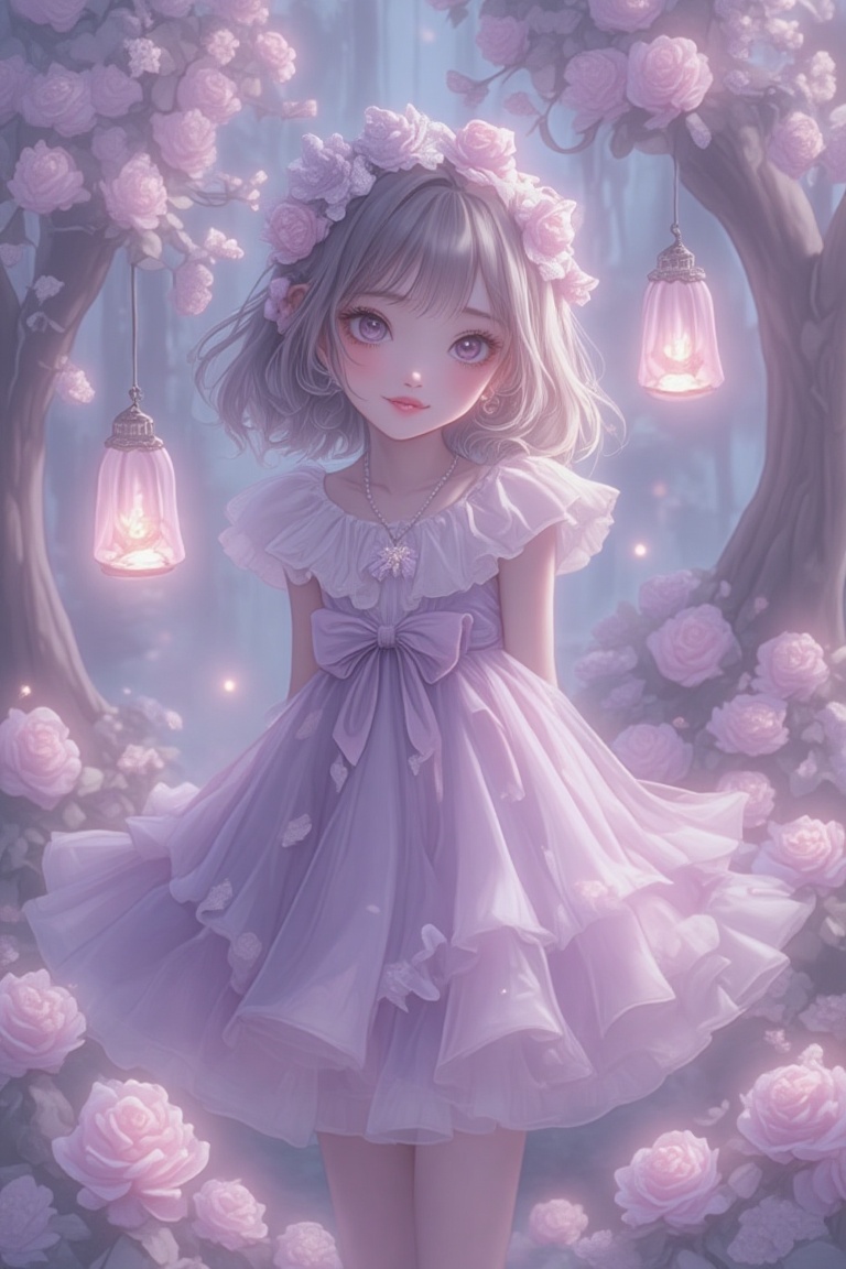 A dreamy,  anime-inspired fantasy scene with soft,  pastel purple hues and gentle lighting. A young woman with large on Te...