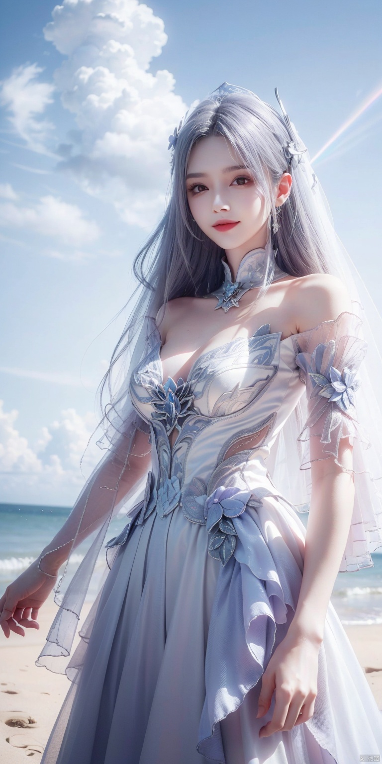 best quality, masterpiece, realistic,cowboy short,(Good structure), DSLR Quality,Depth of field,kind smile,looking_at_viewer,Dynamic pose, , Blue sky and white clouds on the beach,Masterpiece, (ultra wide angle lens: 1.2), Unity8k wallpaper, best quality, (detail shadow: 1.1), a beautiful girl, on a sea of light blue silk, translucent silk, floating light blue silk, surrealist style, minimalism, highly detailed texture, light blue, white clean background, CG rendering, light passing through clouds, 8k resolution, (motion photo: 1.2), (Fidelity: 1.4), original photos, movie lighting, 1girl,, , ,kind smile, , weddingdress, xiaoyixian,,white hair