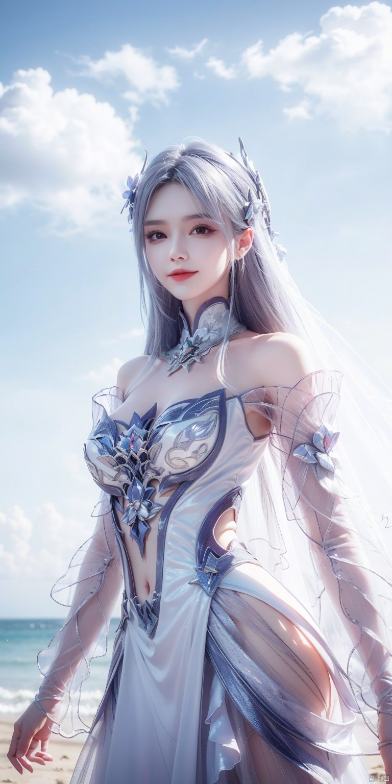 best quality, masterpiece, realistic,cowboy short,(Good structure), DSLR Quality,Depth of field,kind smile,looking_at_viewer,Dynamic pose, , Blue sky and white clouds on the beach,Masterpiece, (ultra wide angle lens: 1.2), Unity8k wallpaper, best quality, (detail shadow: 1.1), a beautiful girl, on a sea of light blue silk, translucent silk, floating light blue silk, surrealist style, minimalism, highly detailed texture, light blue, white clean background, CG rendering, light passing through clouds, 8k resolution, (motion photo: 1.2), (Fidelity: 1.4), original photos, movie lighting, 1girl,, , ,kind smile, , weddingdress, xiaoyixian,,white hair