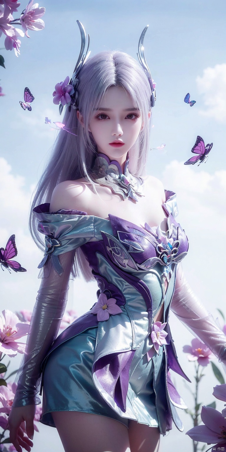 (masterpiece, best quality, ultra-detailed, highres, best illustration),1girl,solo,cowboy shot,looking_at_viewer,
side lighting,lustrous skin,(shine),(shiny skin, cetlic elements, norse heritage),ray tracing,wind swept hair,detailed hair,detailed face,depth_of_field,very detailed background,extreme light and shadow,(detailed eyes),perfect anatomy,,dynamic angle,1girl,((sea of pink flowers,with butterflies everywhere.,fluttering butterflies in the sky,colorful auspicious clouds,)),
Short top,ultra short skirt ,xiaoyixian,white hair