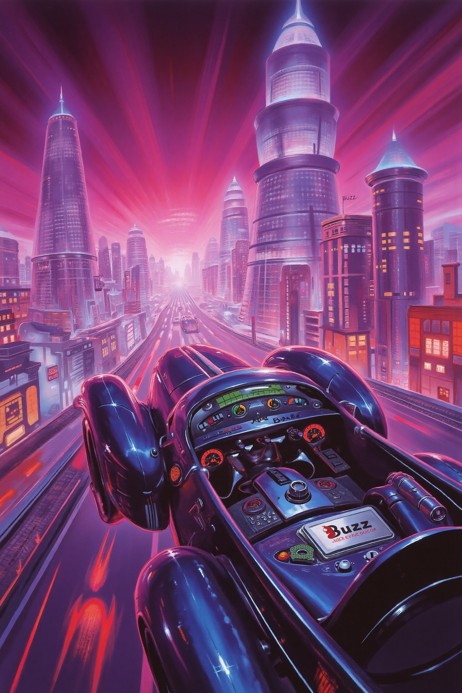 RetroSci style. A sleek flying car with chrome details zooming through a neon-lit futuristic city. In the background,  tow...