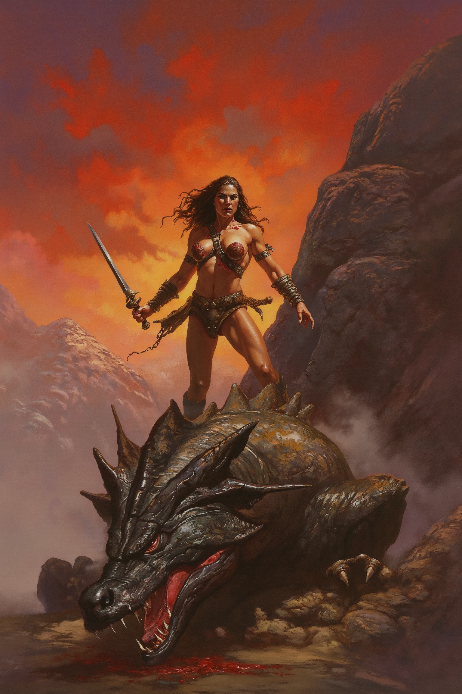 RetroSci style. A fierce and powerful female warrior stands triumphantly over the massive,  slain body of a dragon. She is...