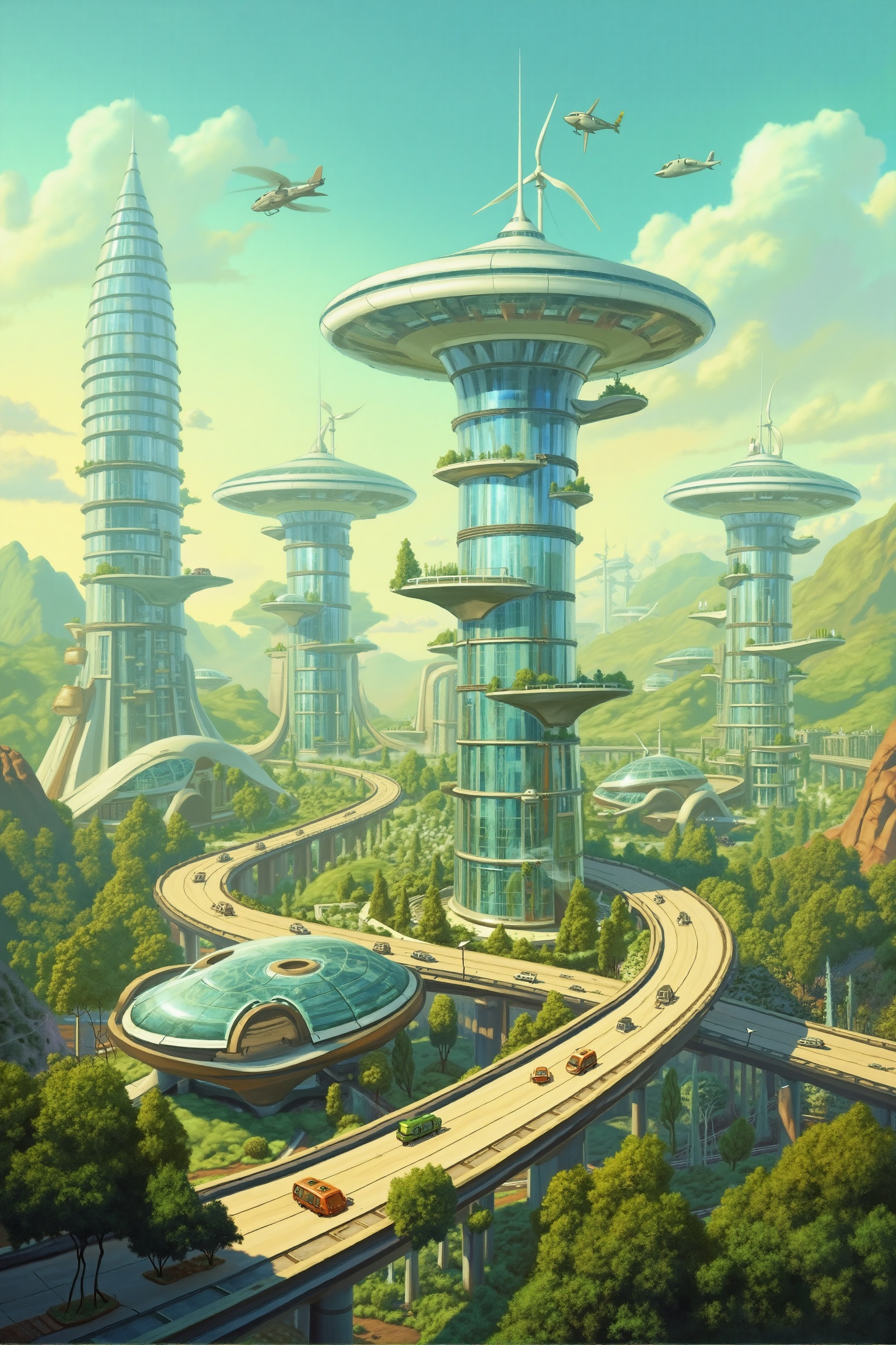 RetroSci style. A futuristic cityscape. The scene is set in a utopian environment with numerous sustainable,  high-tech bu...