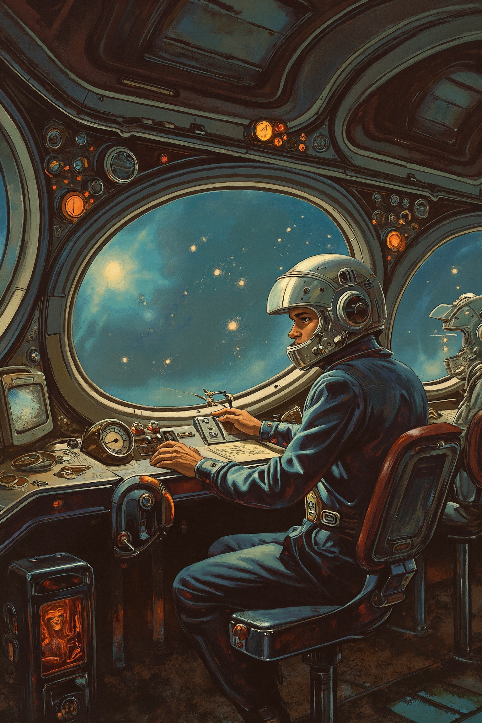 RetroSci style. A spaceship interior,  with chrome walls and large circular windows showing distant stars. A 1950s-styled...