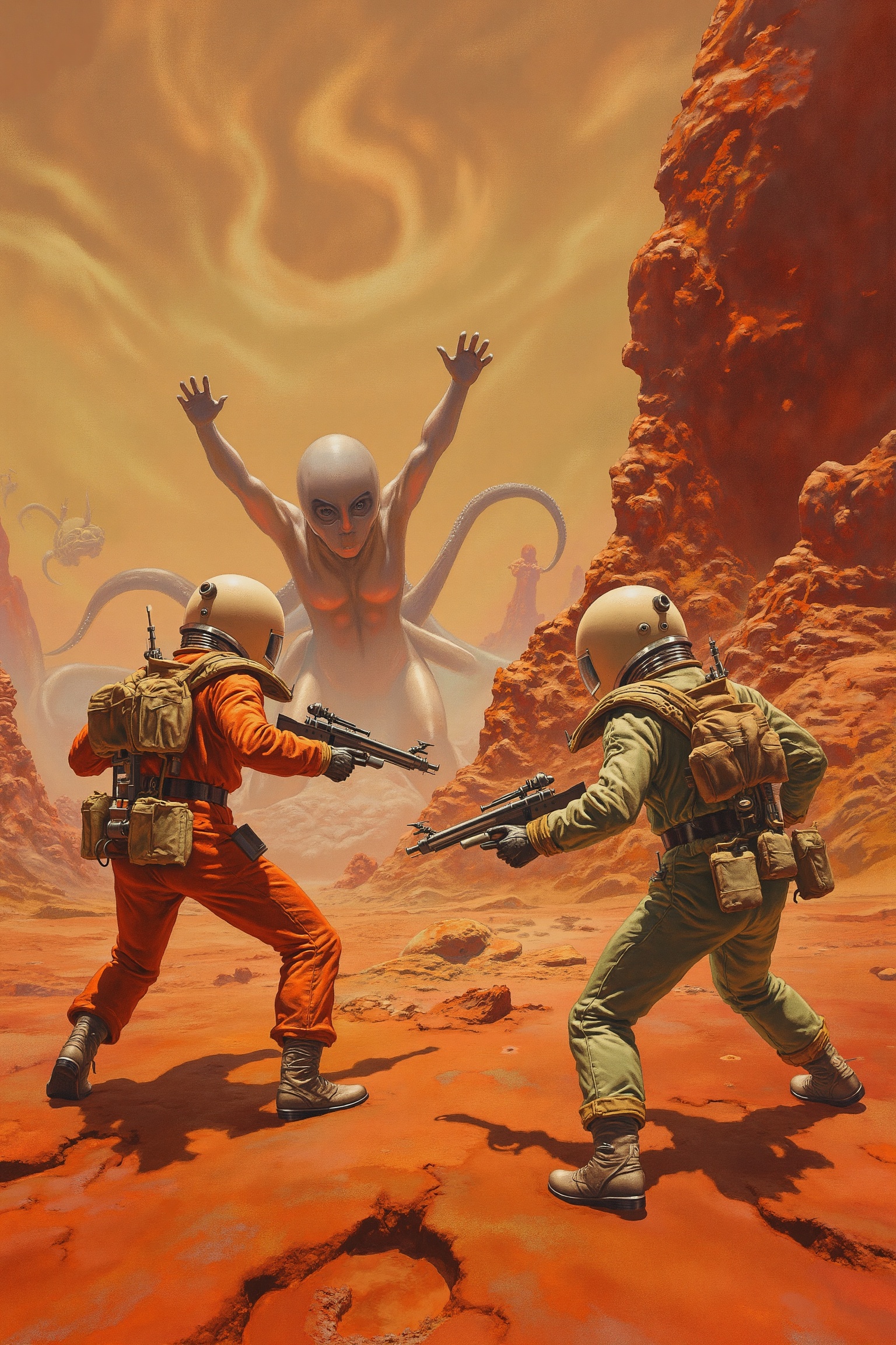 RetroSci style. A battle on an alien planet where explorers in vintage spacesuits,  armed with ray guns,  are facing off a...