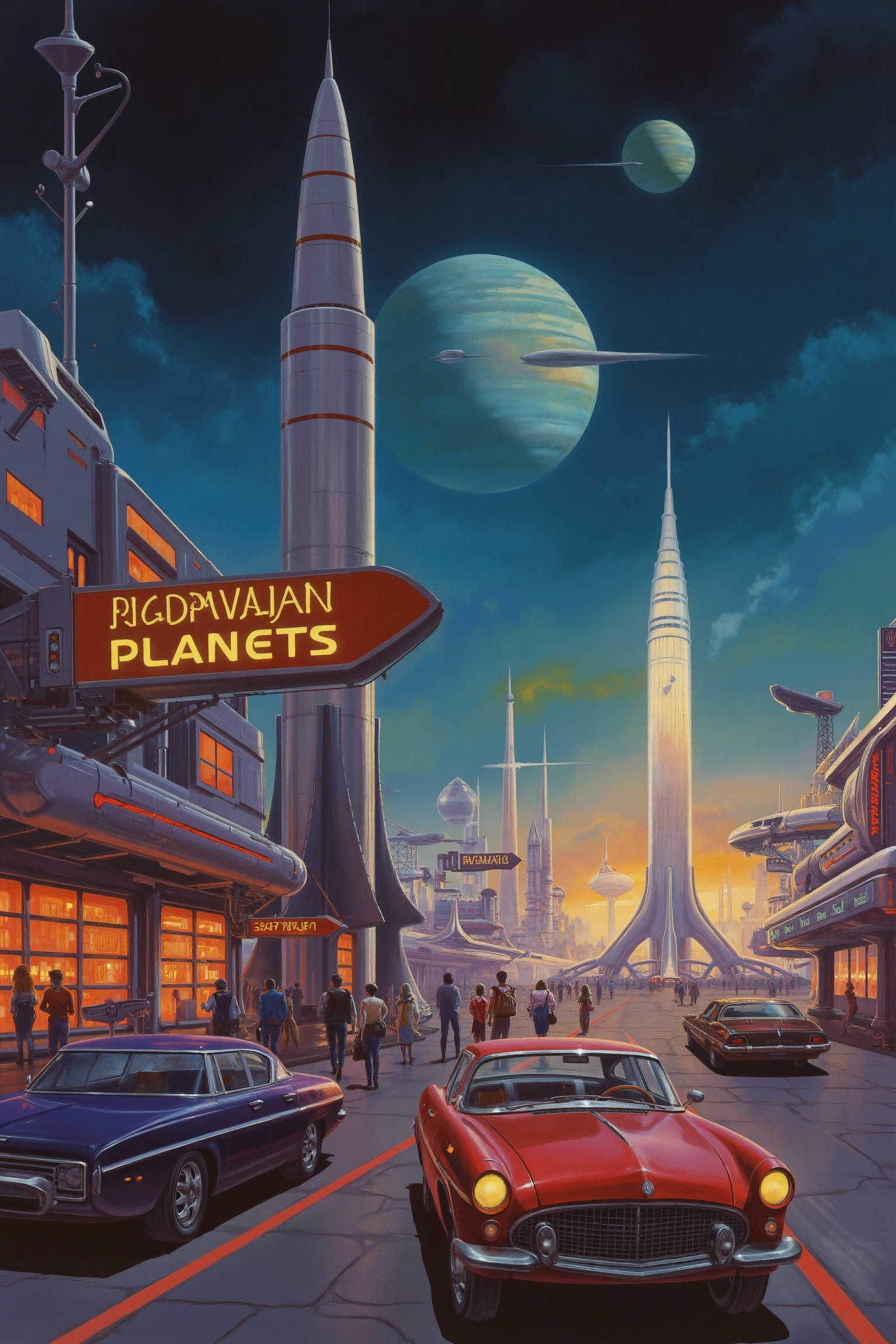 RetroSci style. A spaceport scene at twilight,  where passengers board retro-style rockets. Bright,  futuristic lights ill...