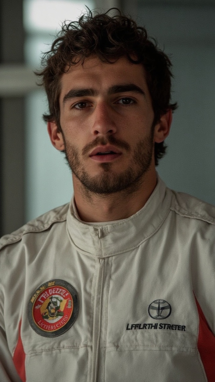 shot of a 30-year-old F1 racer wearing a Nomex suit,  his handsome features illuminated by cinematic lighting. Thick eyebr...
