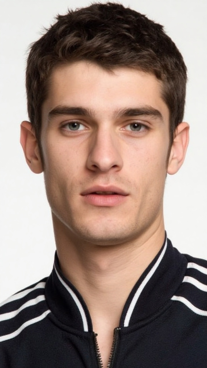 a close-up shot of a young man with dark brown hair and blue eyes. He is wearing a black and white jacket with a black col...