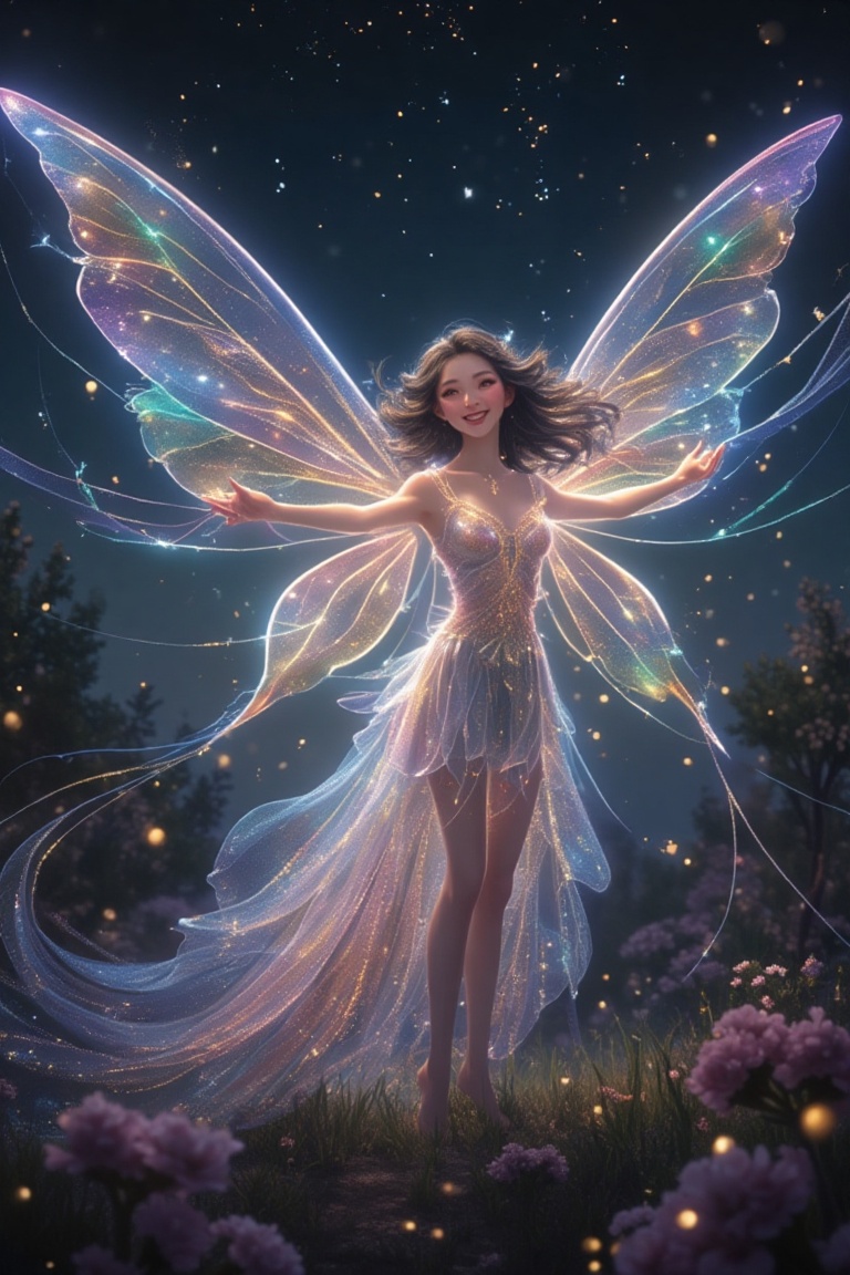 A radiant fairy with shimmering wings,  Lights of XingXing,  smiles joyfully amidst a starry night sky. Her wings glow wit...
