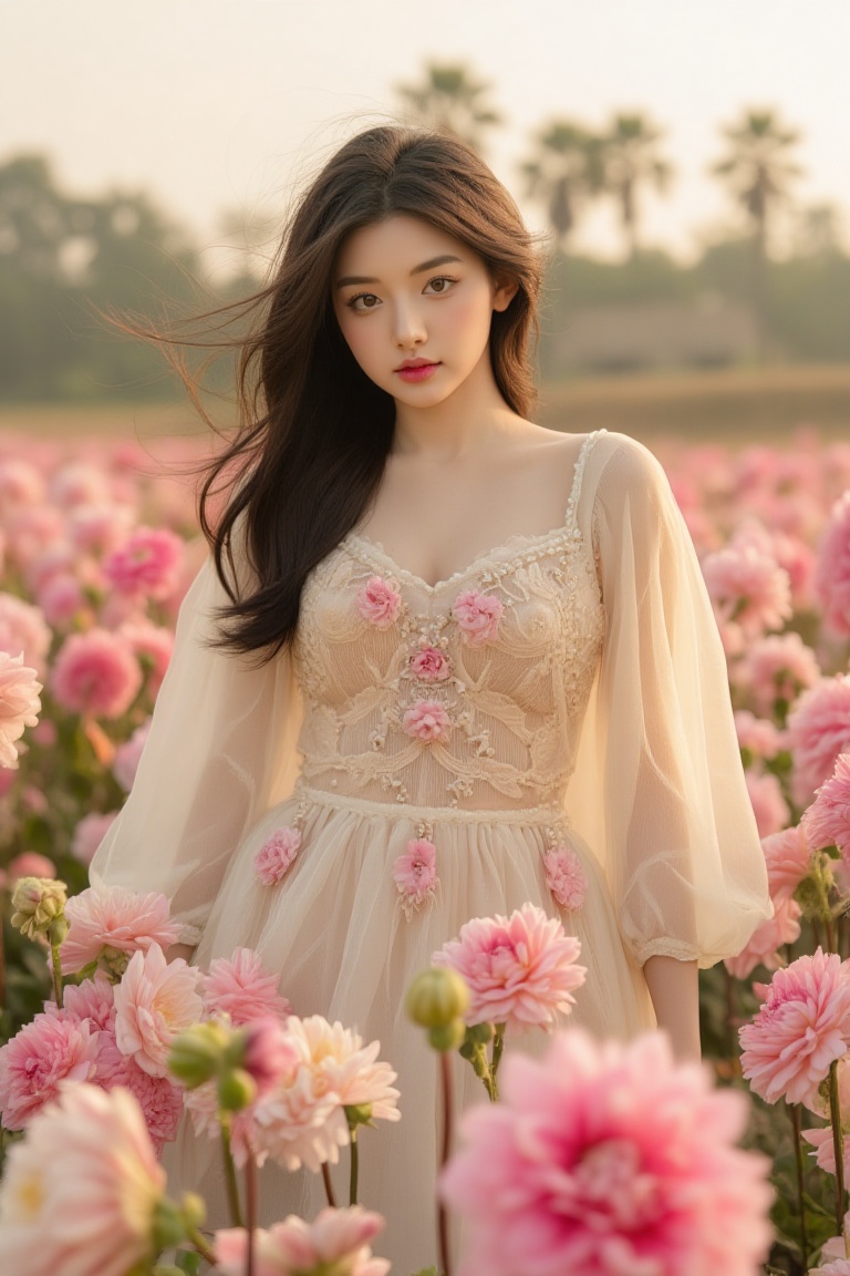 BeNhi,  A woman standing amidst a field of vibrant pink flowers,  with a soft breeze gently lifting her long on Tensor.Art
