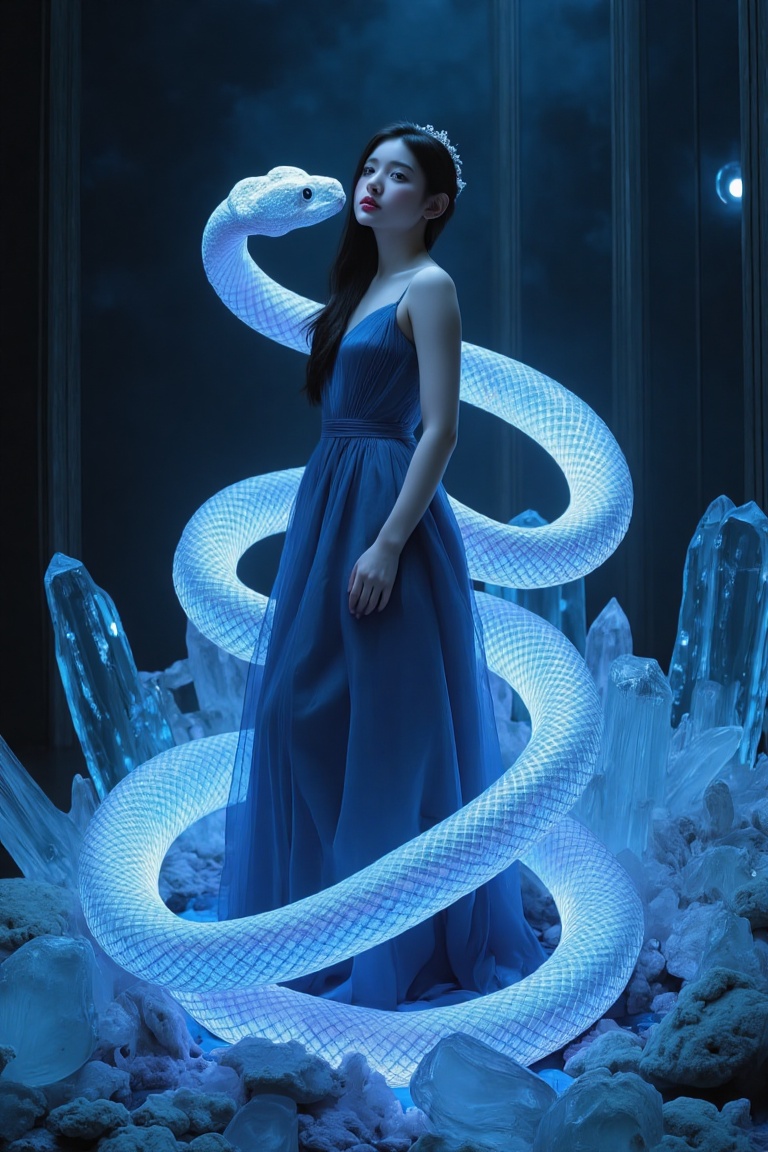 BeNhi,  A mystical scene featuring a glowing,  iridescent snake coiling protectively around a figure in a flowing on Tenso...