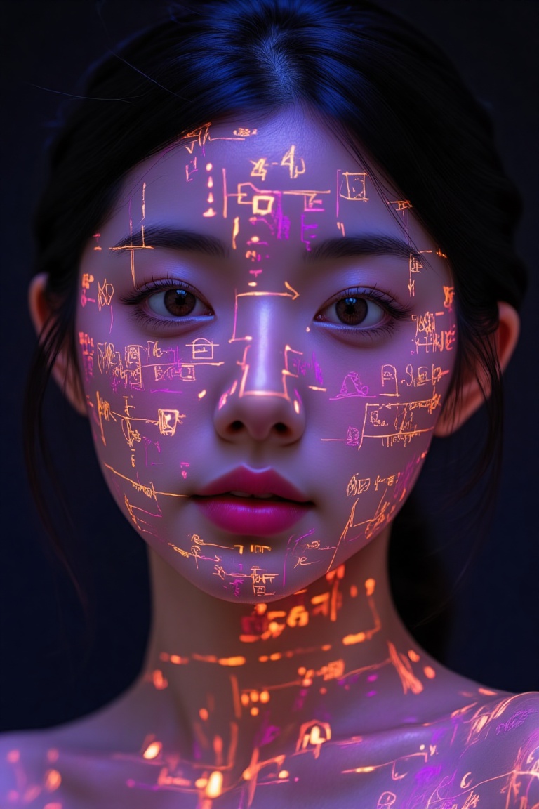 BeNhi,  The hyperrealistic photo shows the face of a young Korean woman,  against a dark background on Tensor.Art