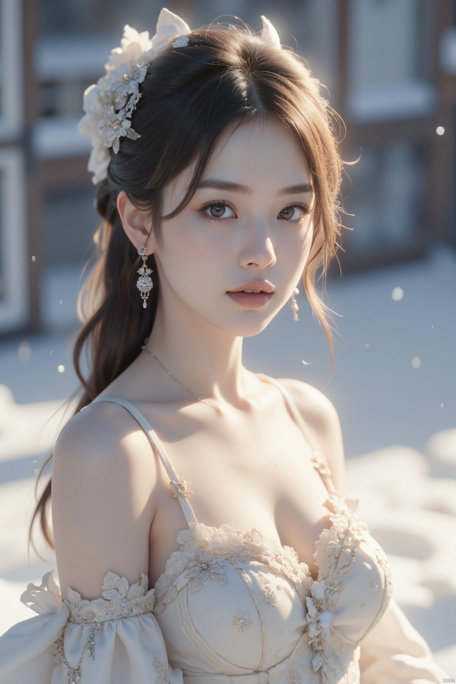 8K,RAW photos, best qualtiy, tmasterpiece：1.2）,（realisticlying, photograph realistic：1.4),Hide your face with sadness, Lolita costume,Lace, Aerith Gainsborough, The upper part of the body,upper legs,Lace, undergarments,exposed bare shoulders, do lado de fora, (outside,Covered with snow,cloaks,) high high quality, Adobe Lightroom, highdetailskin, looking at viewert,yuzu