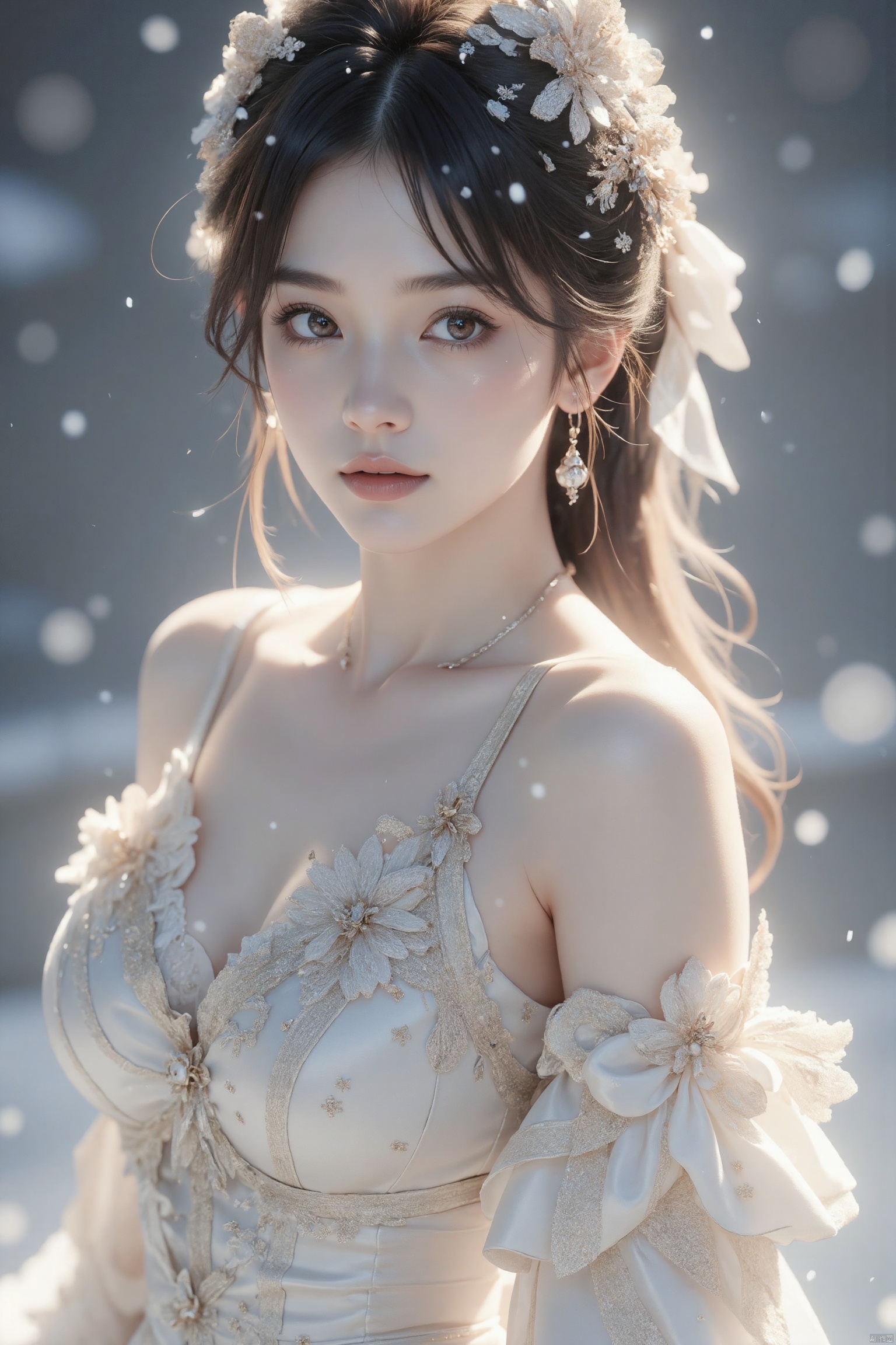 8K,RAW photos, best qualtiy, tmasterpiece：1.2）,（realisticlying, photograph realistic：1.4),Hide your face with sadness, Lolita costume,Lace, Aerith Gainsborough, The upper part of the body,upper legs,Lace, undergarments,exposed bare shoulders, do lado de fora, (outside,Covered with snow,cloaks,) high high quality, Adobe Lightroom, highdetailskin, looking at viewert,yuzu
