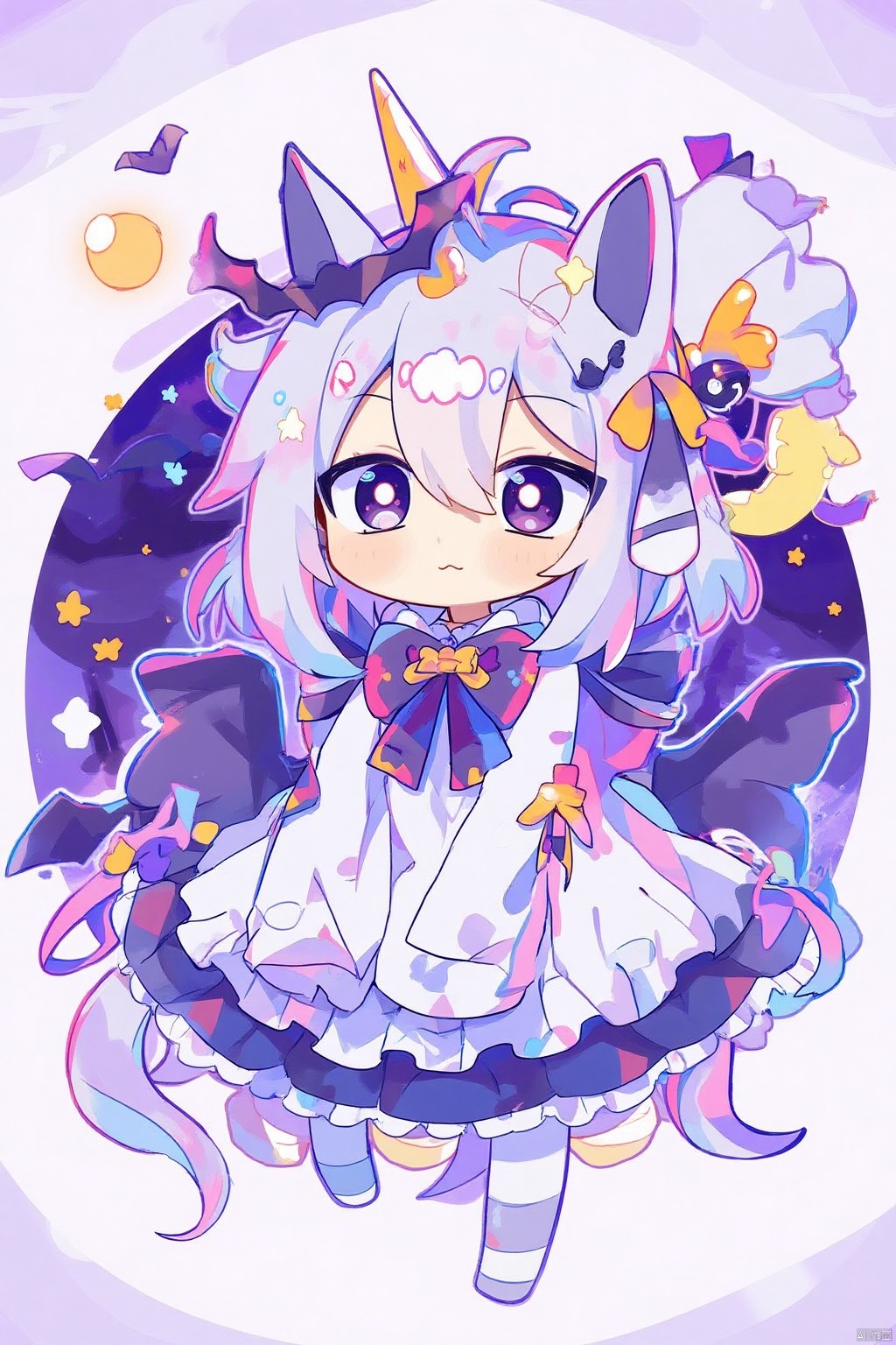 1girl,animal ears,bat (animal),blush,chibi,full body,grey hair,hair ornament,halloween,horse ears,horse girl,medium hair,moon,ribbon,solo,wings,