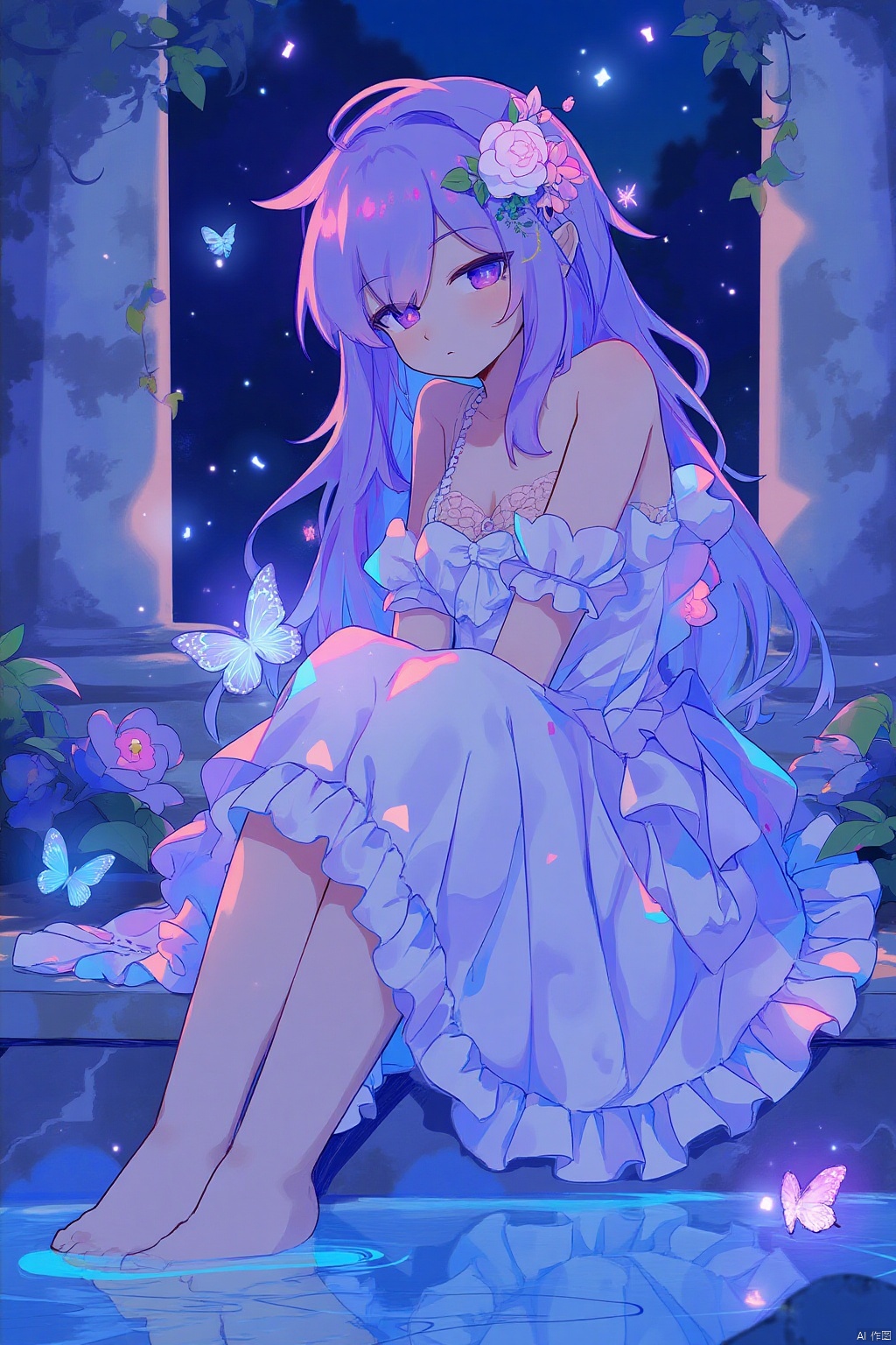 A single girl embodying the essence of a classic goddess, adorned with flowers and butterflies. She hair, with long, lilac hair cascading down. Dressed in a beautiful gown with frills, she sits by the water, her bare feet soaking in it. An Aurora butterfly flutters nearby, drawn to the scene. emphasizing her collarbone. She has a sleeveless dress and a serene expression, looking directly at the viewer. The setting includes a marble column in a holy marble temple scene at night. The girl exudes a glow particle effect, enhancing the mystical atmosphere.