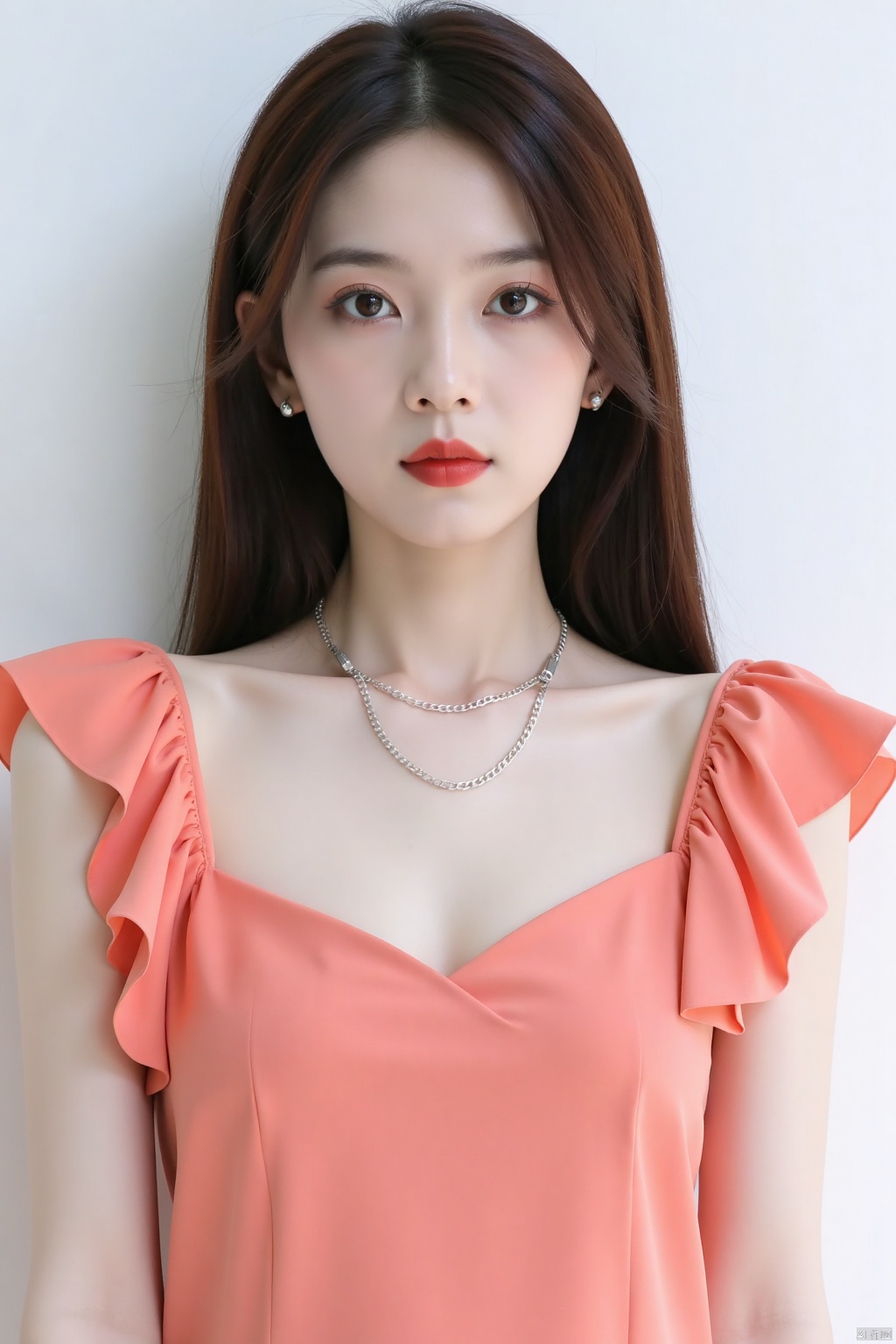 Asian celebrity art photos,

Canon RF85mm f/1.2,

a young Asian woman stands in front of a white wall. She is wearing a salmon colored strapless blouse with ruffles on the shoulders. Her hair is long and cascades over her shoulders. She's wearing a silver necklace with a silver chain around her neck. Her lips are painted a vibrant red, adding a pop of color to her face.