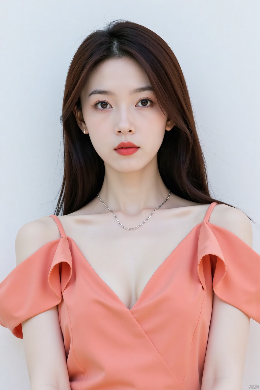 Asian celebrity art photos,

Canon RF85mm f/1.2,

a young Asian woman stands in front of a white wall. She is wearing a salmon colored strapless blouse with ruffles on the shoulders. Her hair is long and cascades over her shoulders. She's wearing a silver necklace with a silver chain around her neck. Her lips are painted a vibrant red, adding a pop of color to her face.
