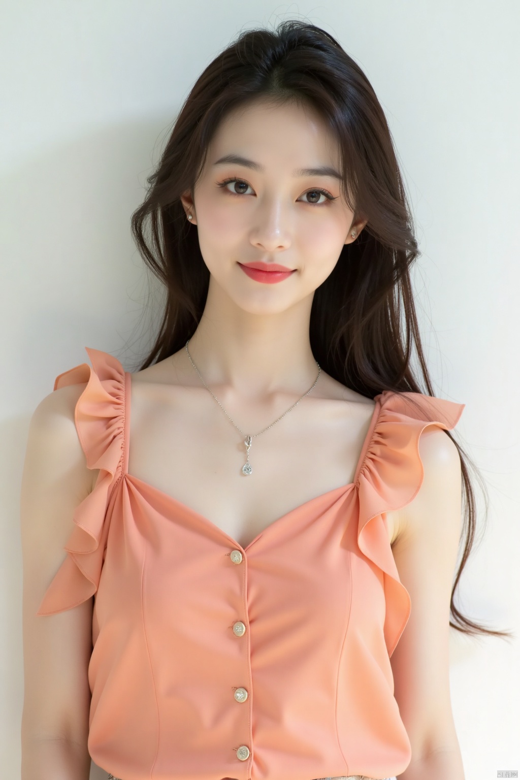 Asian celebrity art photos,

Canon RF85mm f/1.2,

a young Asian woman stands in front of a white wall. She is wearing a salmon colored strapless blouse with ruffles on the shoulders. Her hair is long and cascades over her shoulders. She's wearing a silver necklace with a silver chain around her neck. Her lips are painted a vibrant red, adding a pop of color to her face.
