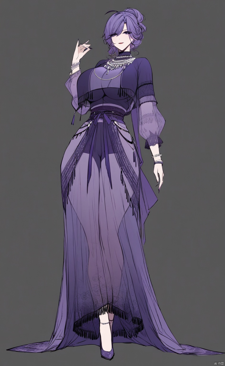 solo,highly detailed,(best quality),((masterpiece)),1girl,simple background,looking at viewer,,an,full body,purple hair,large breasts,purple eyes,see-through,long sleeves,earrings,standing,necklace,bracelet,silver jewelry,updo,