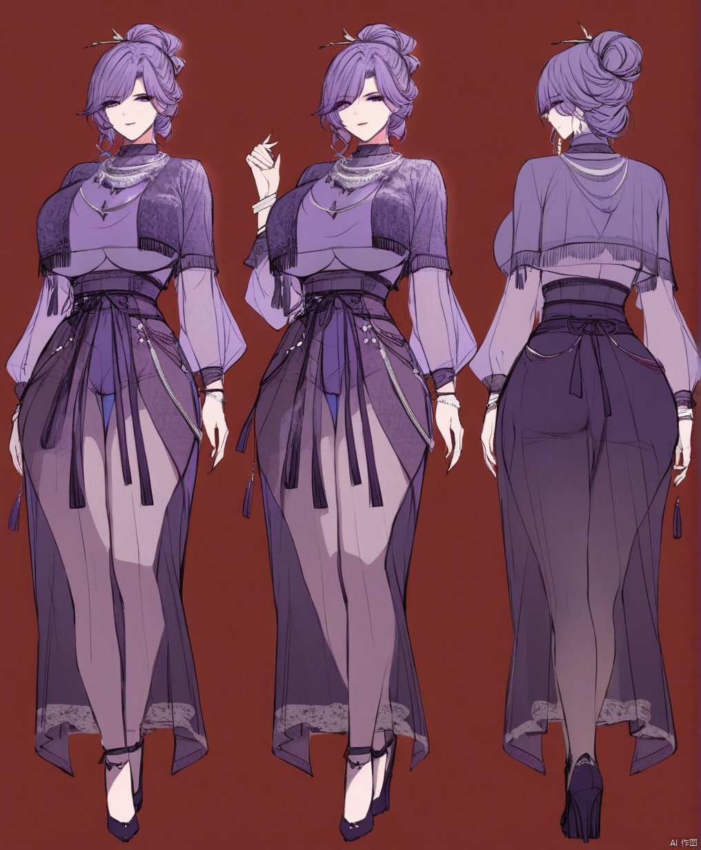 solo,highly detailed,(best quality),((masterpiece)),1girl,simple background,looking at viewer,,an,full body,purple hair,large breasts,purple eyes,see-through,long sleeves,earrings,standing,necklace,bracelet,silver jewelry,updo,