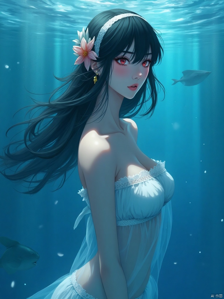 Yor,  Create an ethereal underwater illustration featuring a beautiful,  mature woman with black hair. She should exude an...