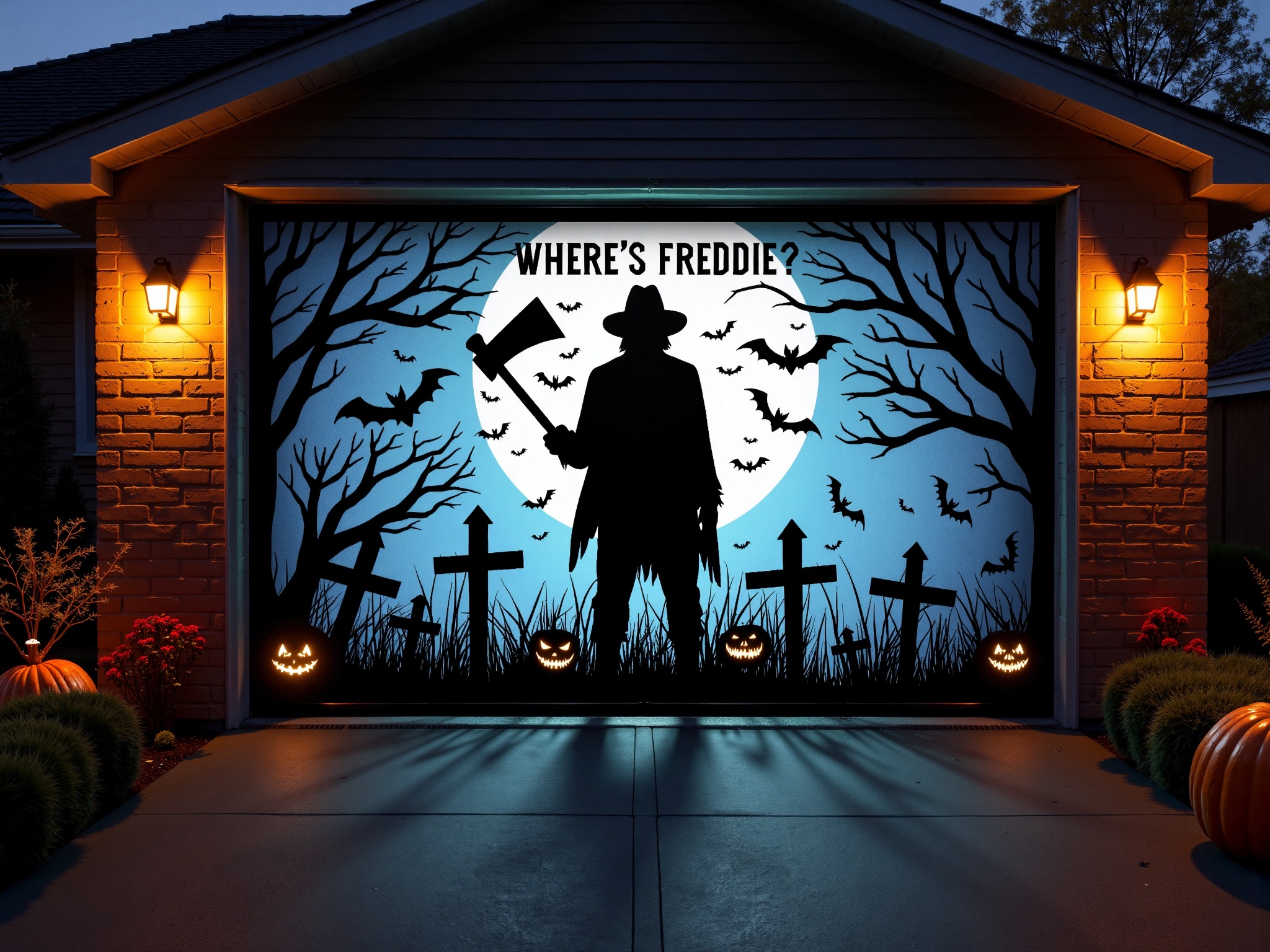 A H4ll0w5D00r style high-resolution photograph of a garage door with a Halloween-themed silhouette of a mad axeman in a gr...