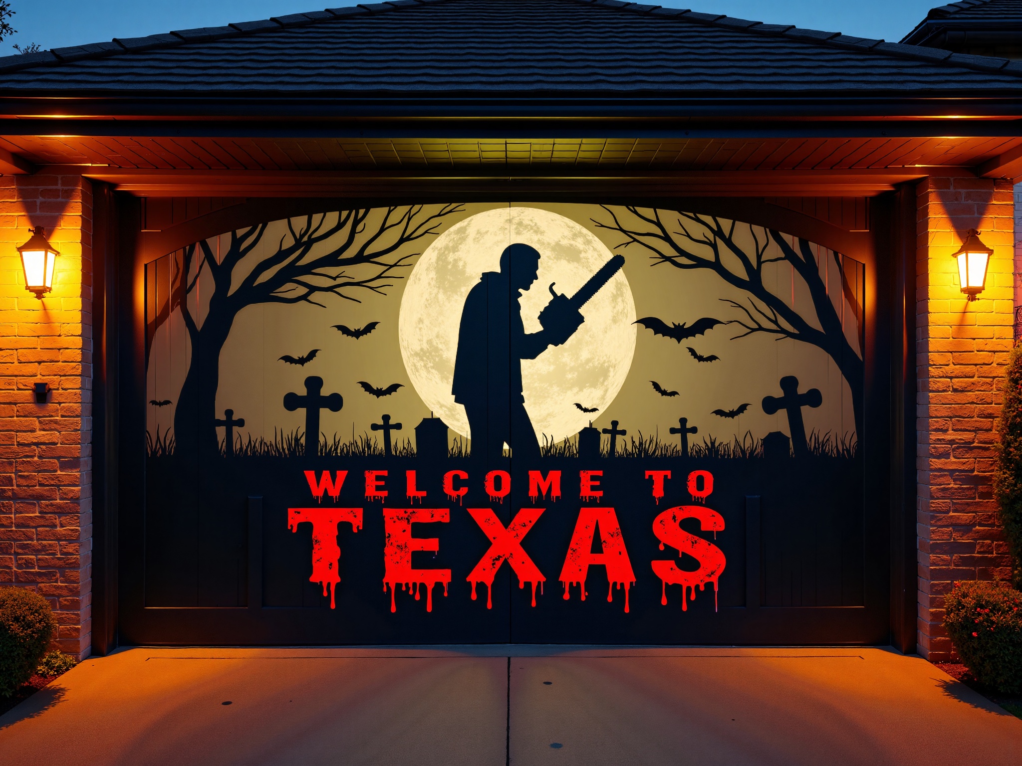 A H4ll0w5D00r style high-resolution photograph of a garage door with a Halloween-themed silhouette of a man holding a larg...
