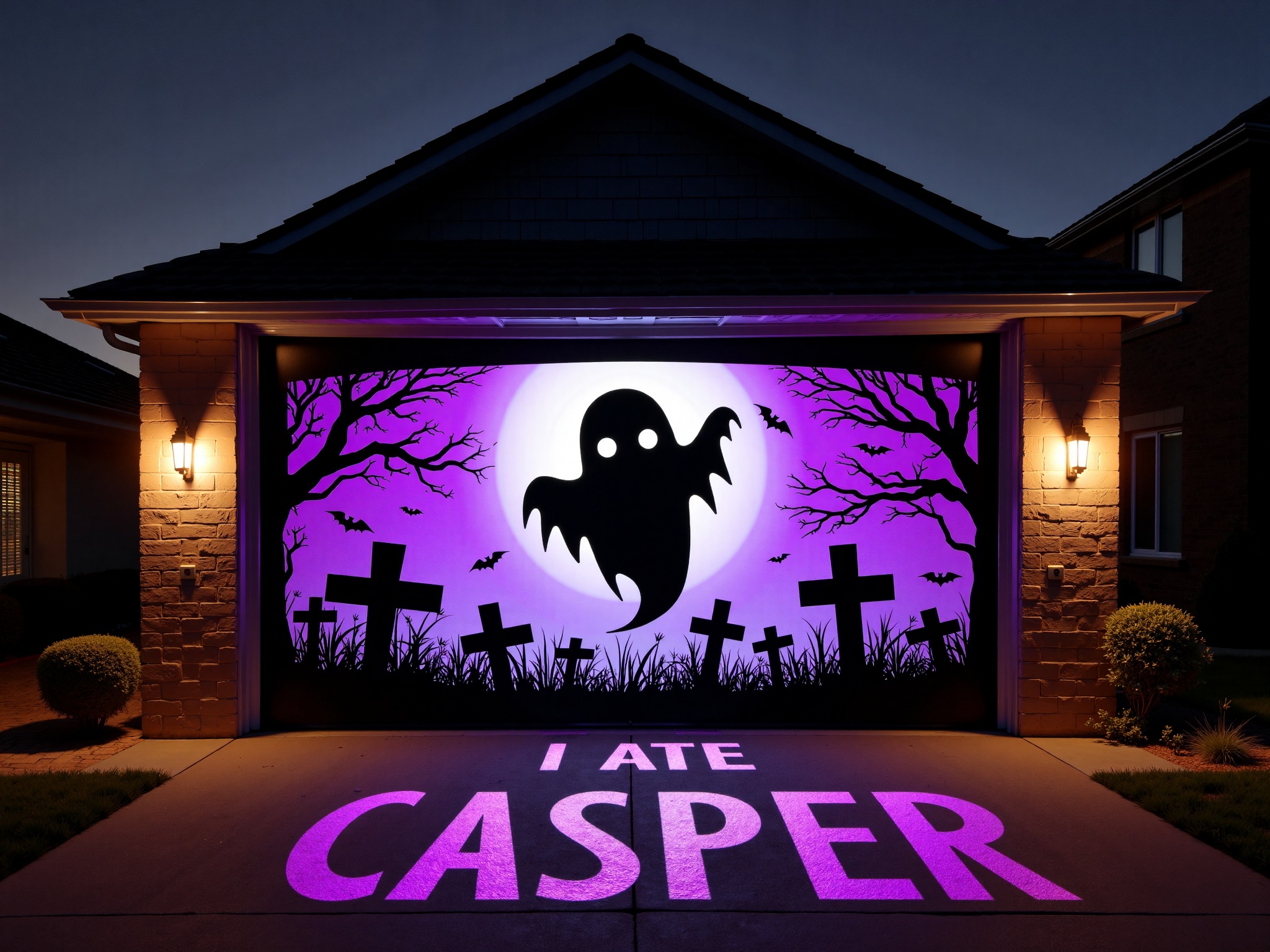 A H4ll0w5D00r style high-resolution photograph of a garage door with a Halloween-themed silhouette of a big floating ghost...