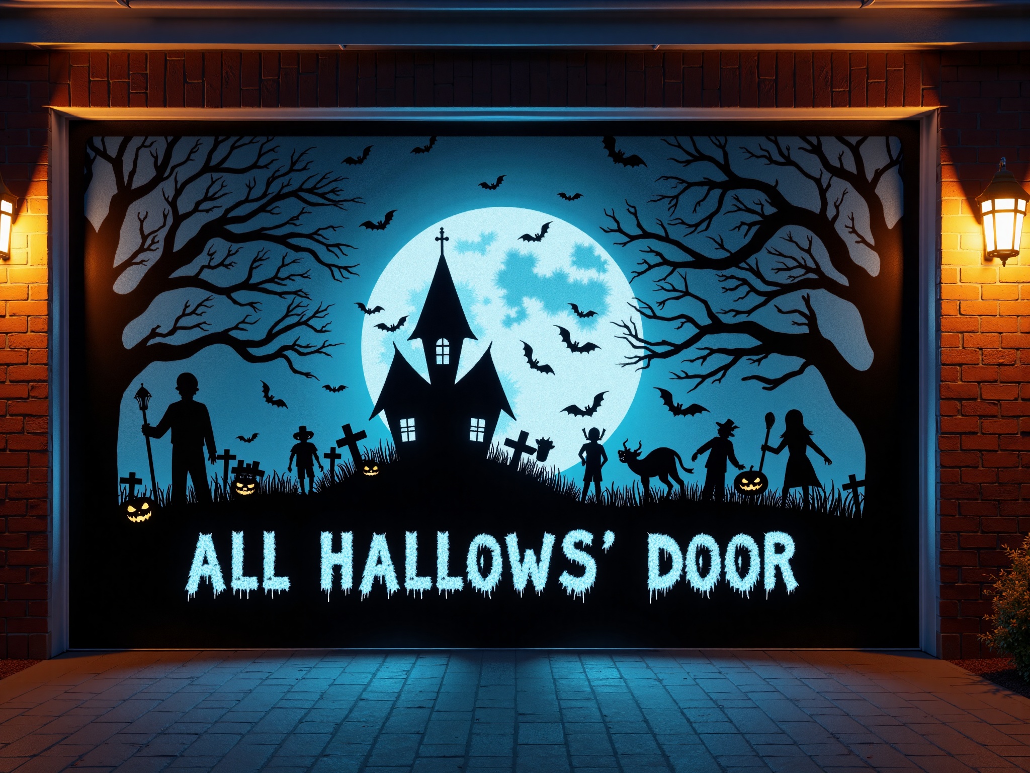 A H4ll0w5D00r style high-resolution photograph of a garage door with a Halloween-themed silhouette of a haunted house in a...
