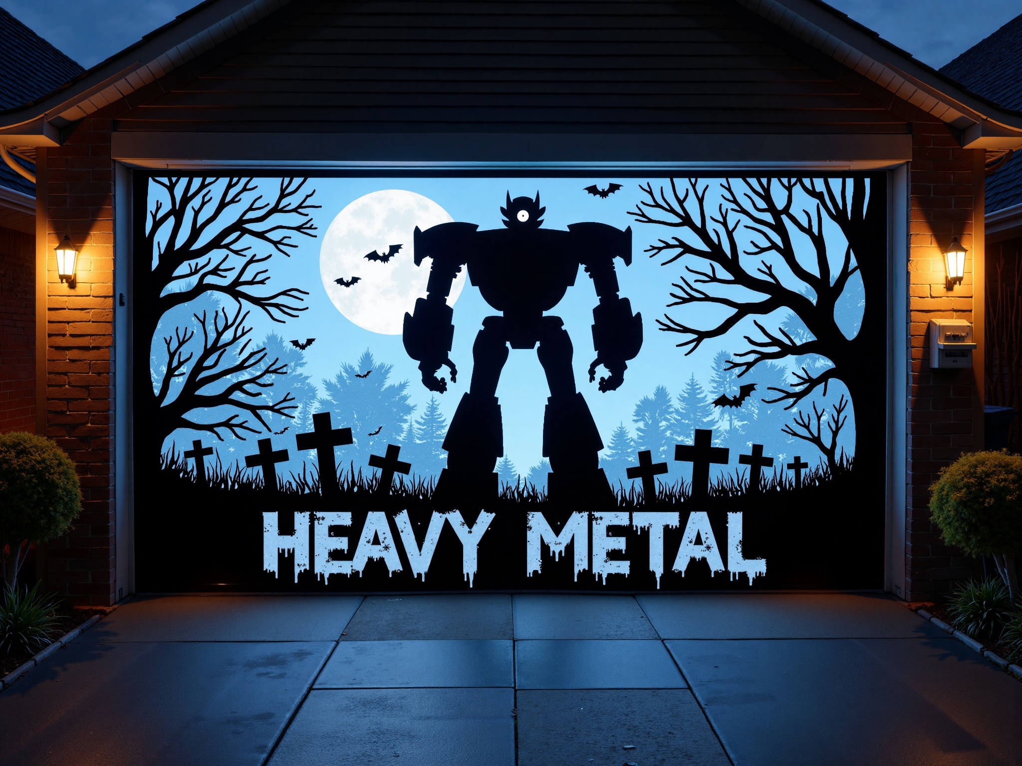 A H4ll0w5D00r style high-resolution photograph of a garage door with a Halloween-themed silhouette of a mecha robot in a g...